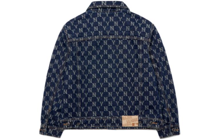 Lookbook MLB 양키스 올오버 프린트 바람막이 데님 재킷 유니섹스 블루. 3ADKM0121-50BLS