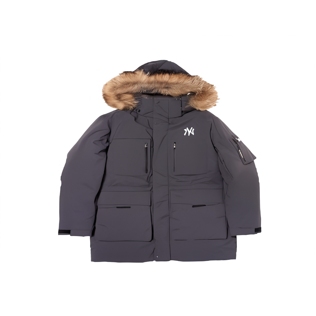 Order MLB洋基队FW24防水防风羽绒大衣带毛领男女同款深灰色外套 3ADJB1346-50CGS