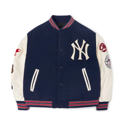 MLB Yankees Geometric Logo Embroidered Baseball Jacket Unisex Blue White. 3AJP38016-00NYD