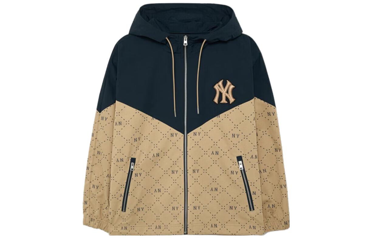 MLB Yankees Logo Patchwork Beige Zip Hoodie Jacket Unisex. 3AWJM0234-50BGS