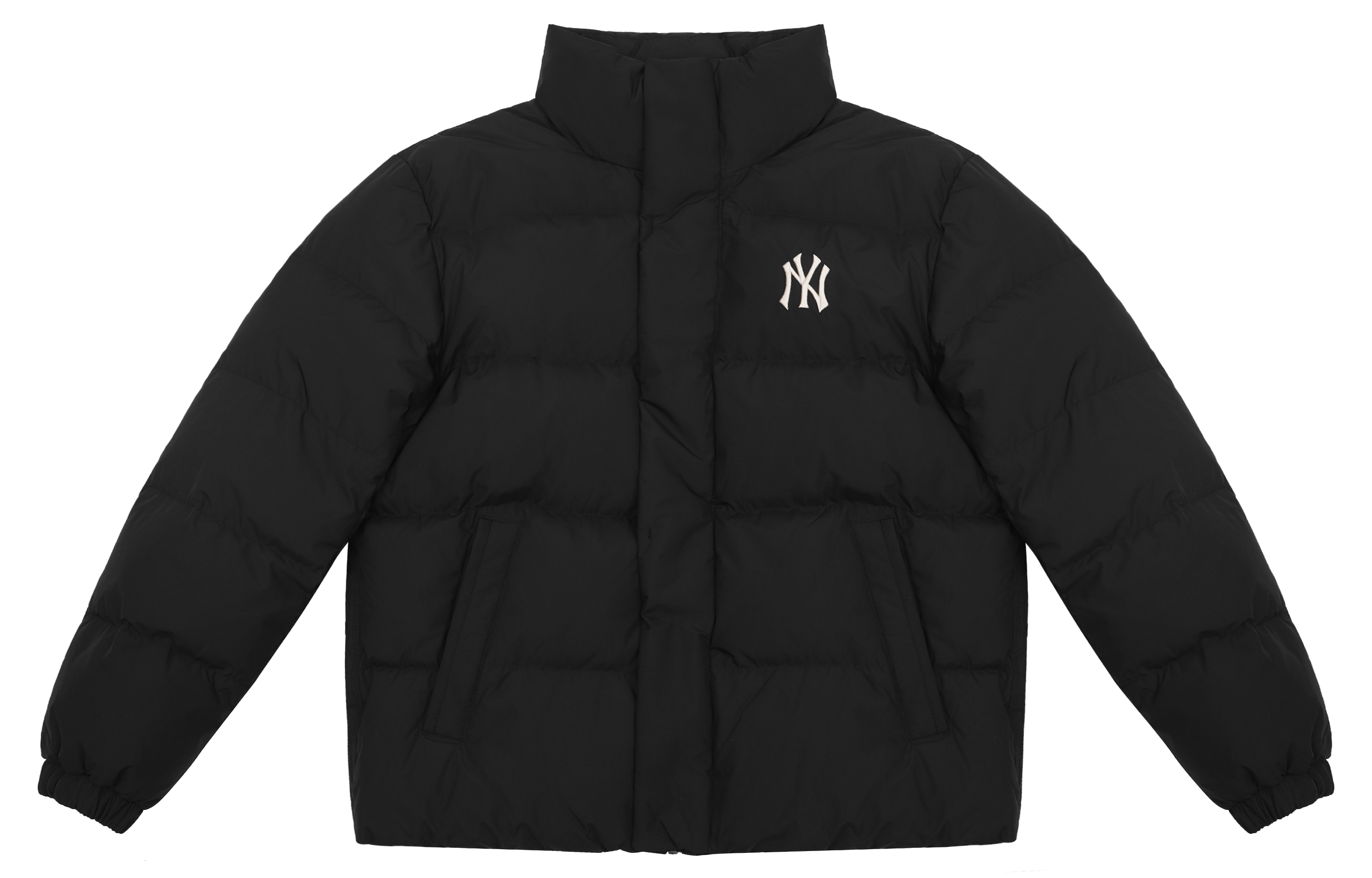 Lookbook MLB 洋基隊標誌印花黑色短版寬鬆版羽絨外套 男女長袖款 3ADJB0116-50BKS