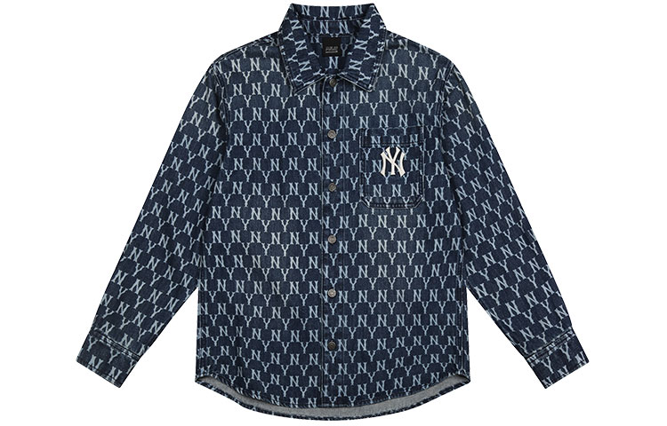 MLB Yankees Monogram Denim Long Sleeve Shirt Unisex Blue 31WSN3041-50U