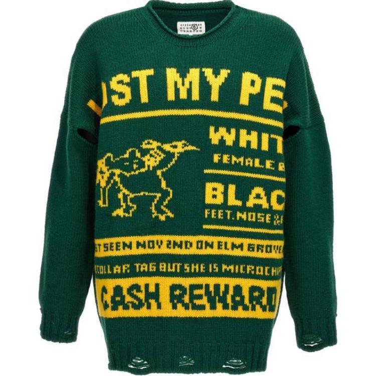 MM6 Maison Margiela  Green Distressed Letter Print Crewneck Sweater. SH2HL0017M130750-02J