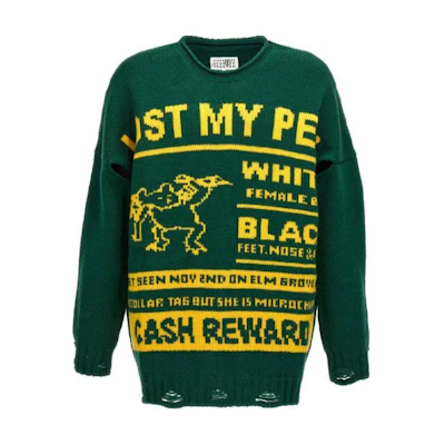 MM6 Maison Margiela Green Distressed Letter Print Crewneck Sweater. SH2HL0017M130750-02J