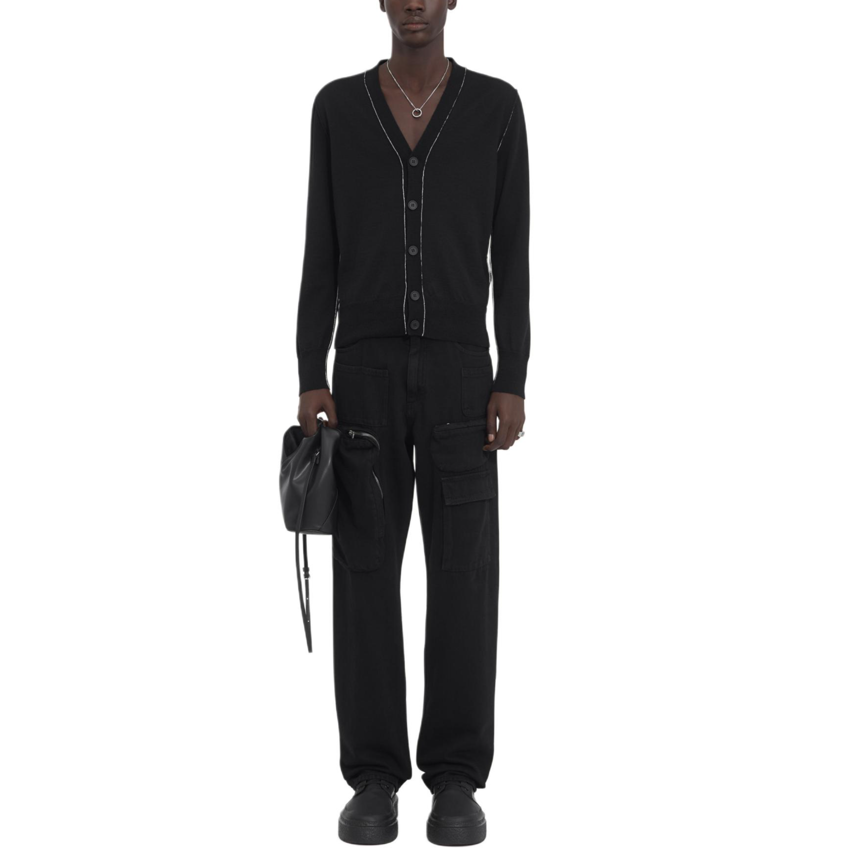 Lookbook MM6 Maison Margiela 黑色條紋V領針織開衫中性毛衣. SH0HP0007M13037-900