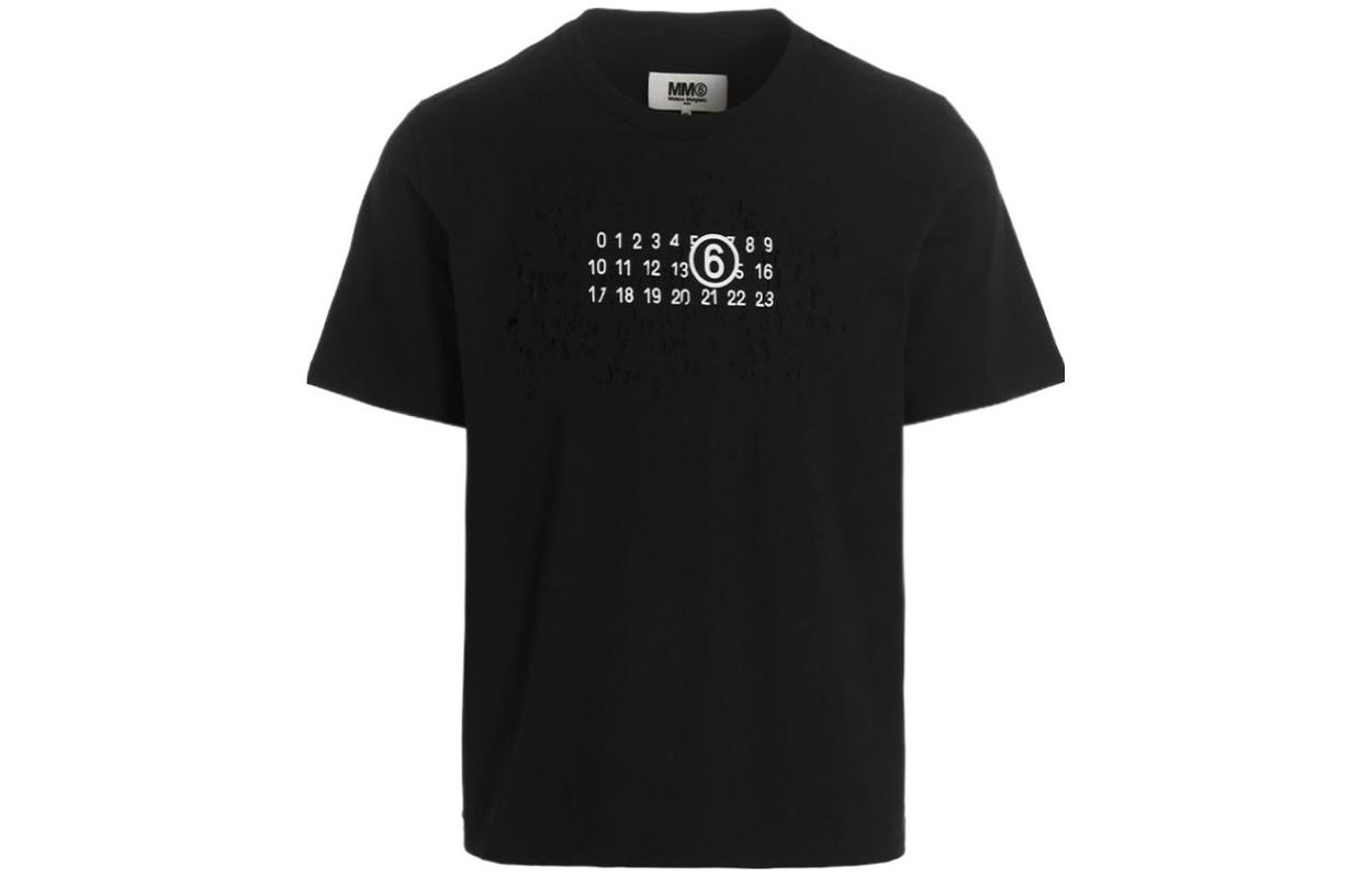 MM6 Maison Margiela Distressed Logo Print Black T-Shirt SS23  Collection. S62GD0156S23588-900