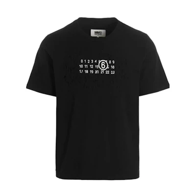MM6 Maison Margiela Distressed Logo Print Black T-Shirt SS23 Collection. S62GD0156S23588-900