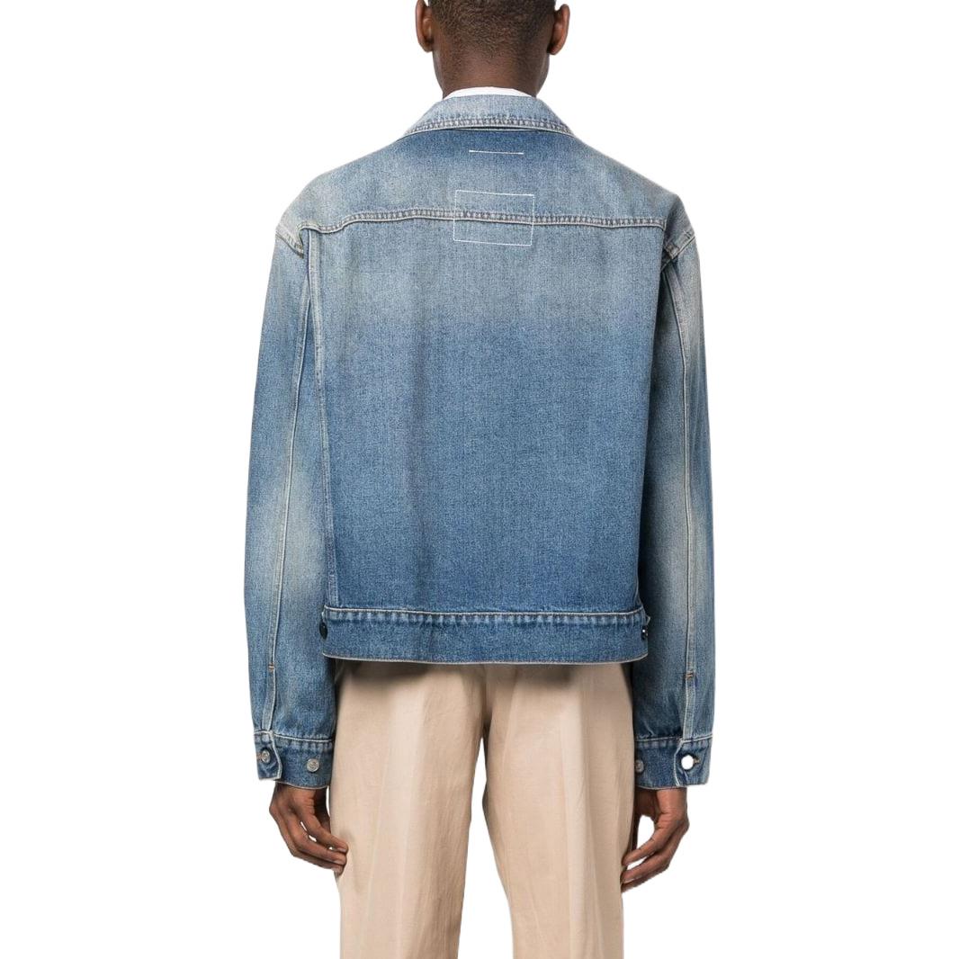 Shop MM6 Maison Margiela SS23 Jaket Denim Crop Biru Lelaki Washed Distressed S52AM0228S30589973