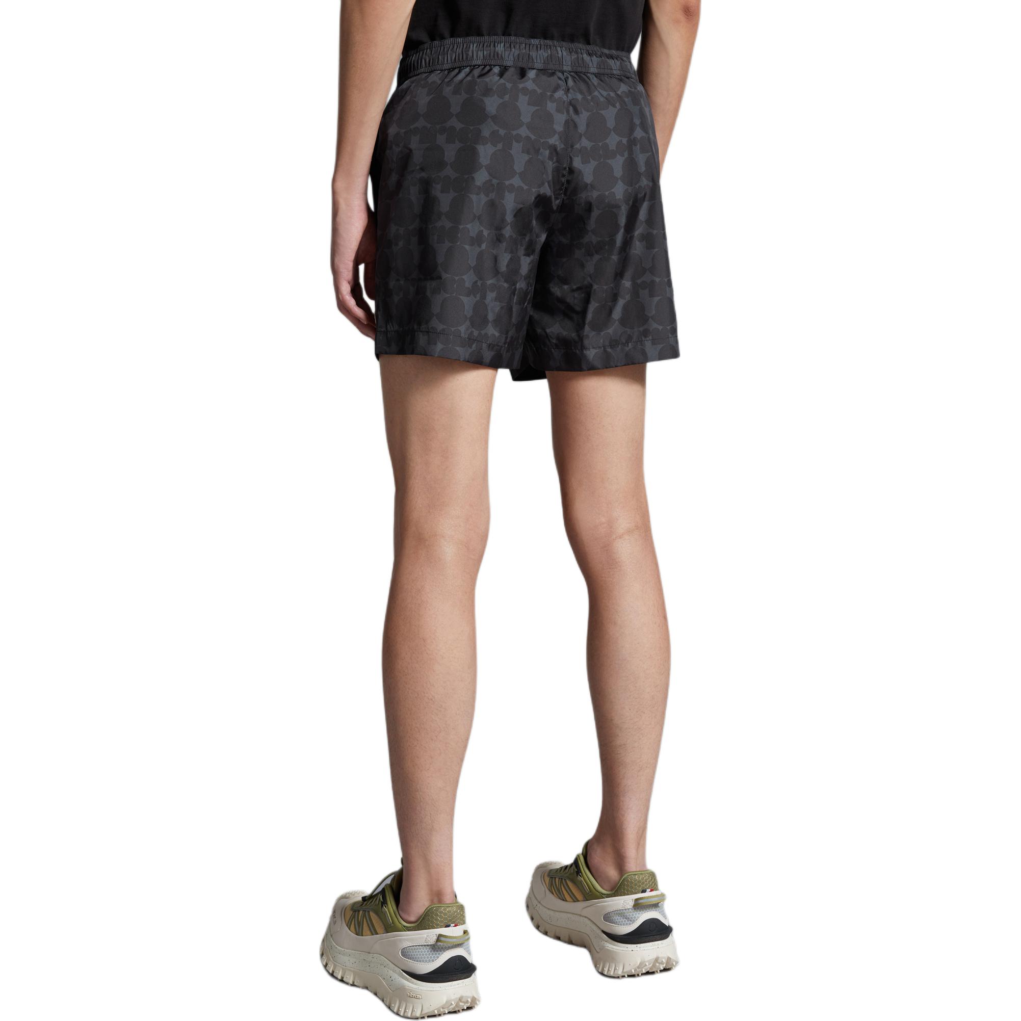 Shop Moncler  Adjustable Waist Swim Shorts Black/Grey All-Over Print J10912C00016597KQS98