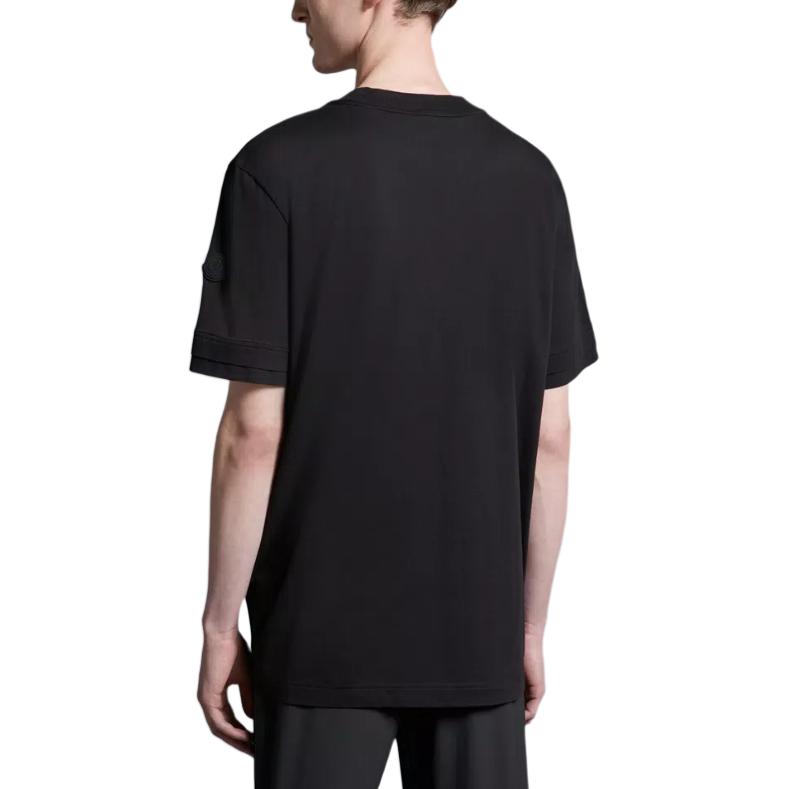 Shop Moncler  Black Crewneck Letter Print Short Sleeve T-Shirt J10918C0000289A17999