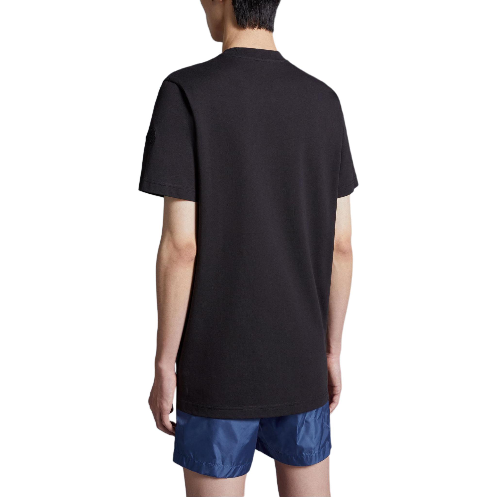 Shop Moncler  Black Graphic Print Crew Neck Short Sleeve T-Shirt J10918C0004689AJS998