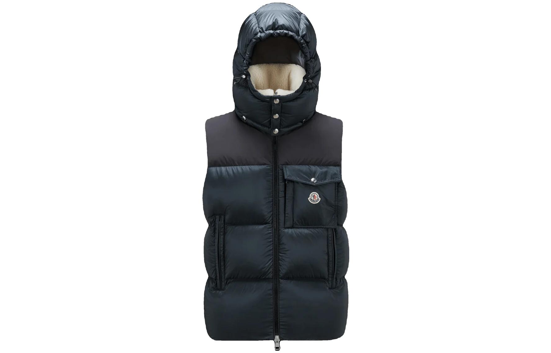 Moncler  Black Hooded Zip-Up Vest with Colorblock Logo Embroidery I20911A000565967G999