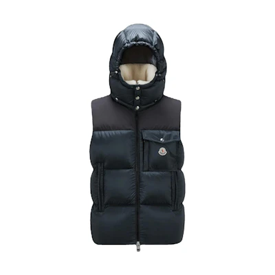Moncler Black Hooded Zip-Up Vest with Colorblock Logo Embroidery I20911A000565967G999