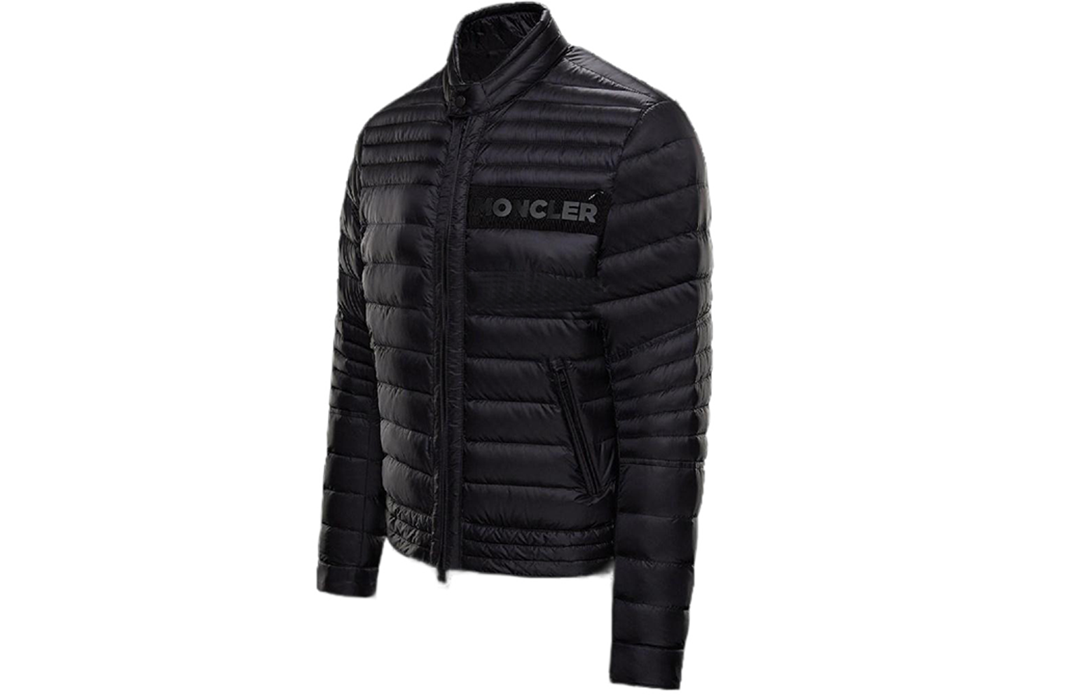 Shop Moncler Jaket Puff Hitam Logo dengan Rekaan Leher Tinggi. 1A1240053048999