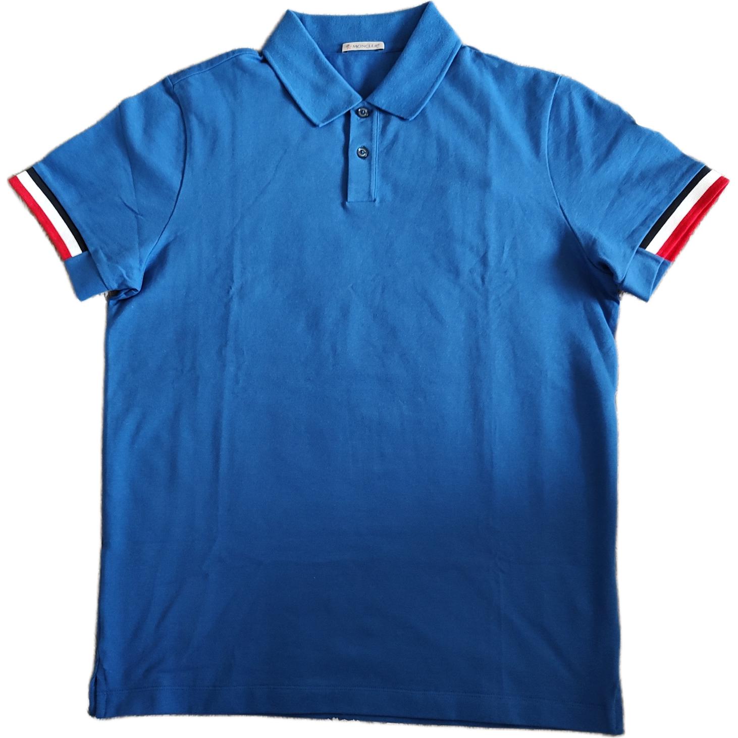 Moncler  Blue Short Sleeve Polo Shirt with Contrasting Cuff Stripes. I10918A00023899P0708
