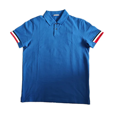 Moncler Blue Short Sleeve Polo Shirt with Contrasting Cuff Stripes. I10918A00023899P0708