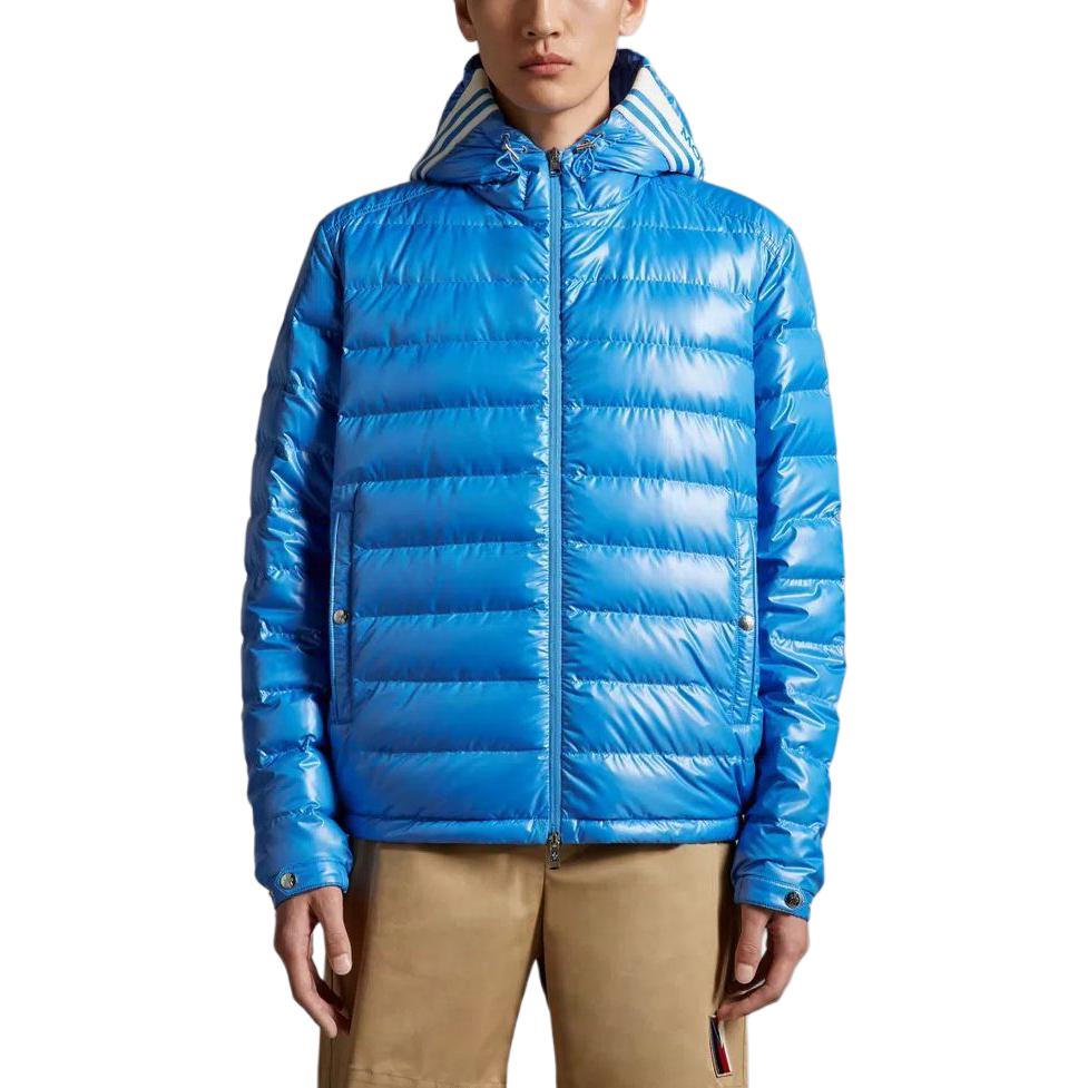 Shop Moncler 藍色寬鬆版連帽拉鍊羽絨外套 J10911A00003595ZJ73O