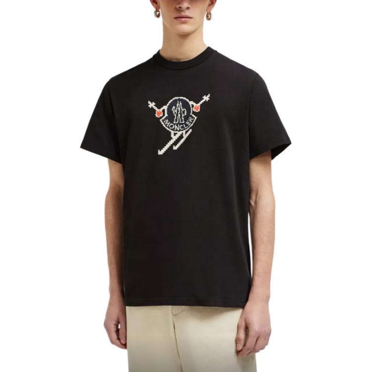 Lookbook 盟可睐 黑色图案印花短袖圆领T恤 J20918C0001083927998