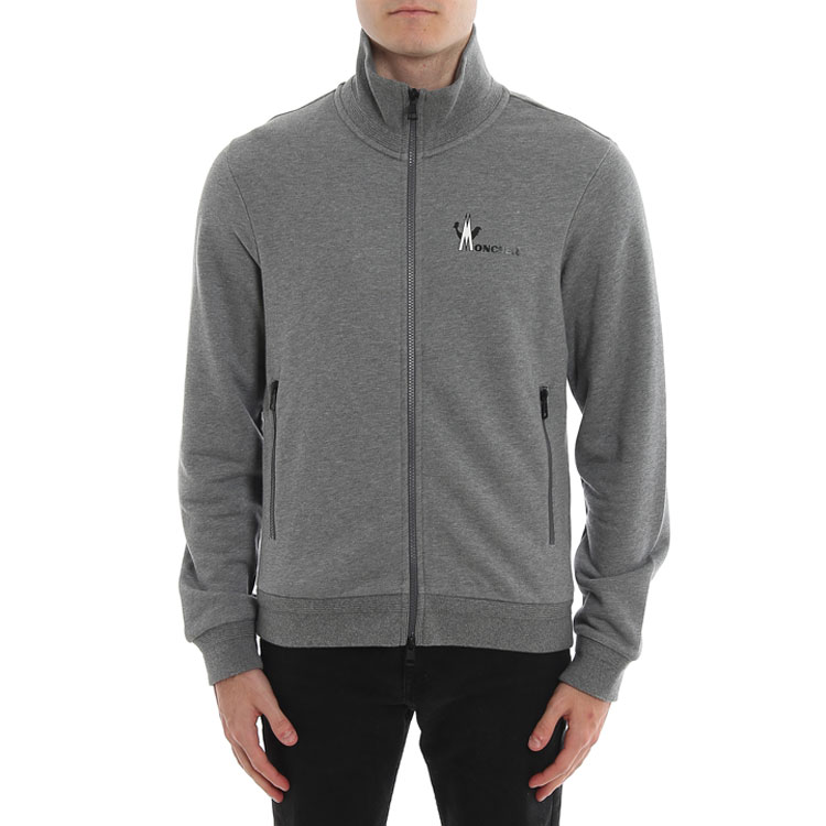 Shop Moncler  Grey Letter Zipper Solid Color Stand Collar Jacket E209184286008098U920