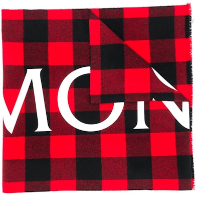 Moncler Logo Plaid Knit Scarf Red/Black F20913C70700A0154490 Order Moncler Logo Plaid Knit Scarf Red/Black F20913C70700A0154490