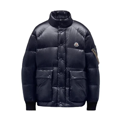 Moncler Navy Blue Down Jacket with Logo and Stand Collar. G20911A00122595HM778
