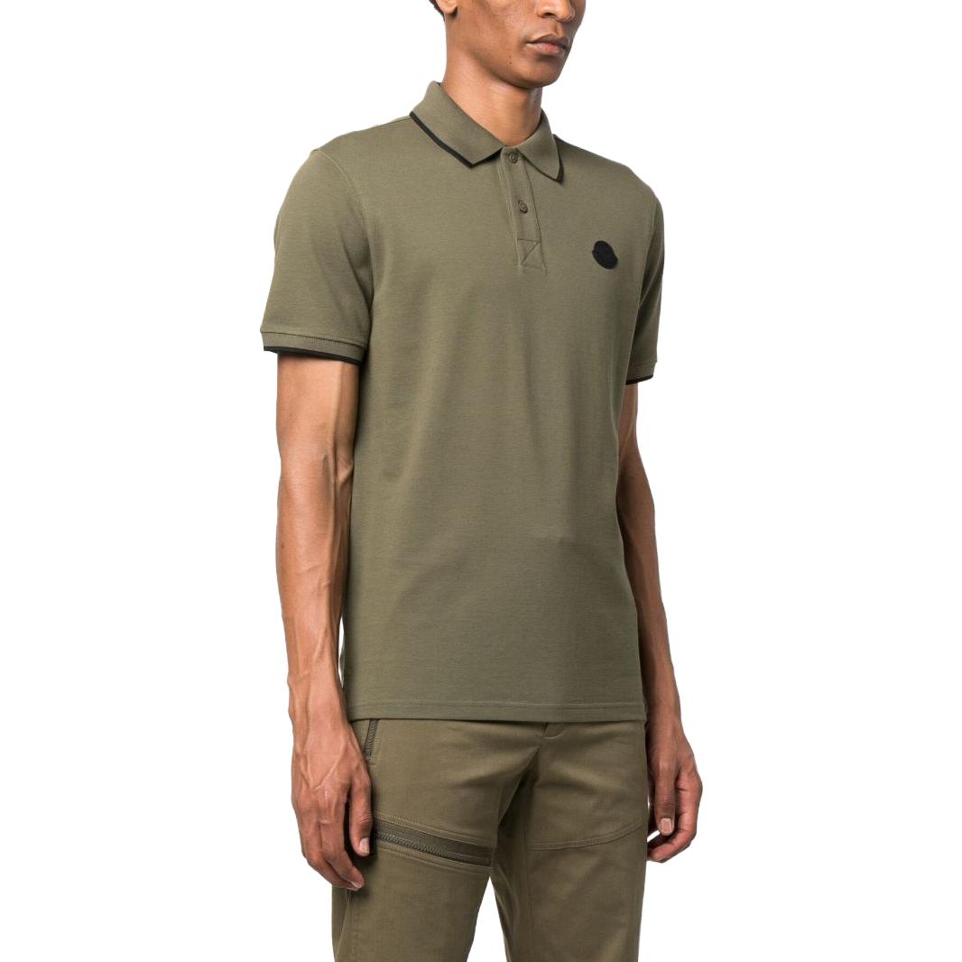 Shop Moncler  Olive Green Polo Shirt with Logo Patch and Letter Print. I20918A00004899UR818