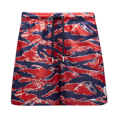 Moncler Red Colorblock Logo Stripe Swim Shorts. H10912C00001595WW470