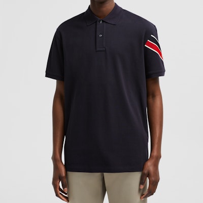 Moncler Relaxed Fit Polo Shirt with Tricolor Trim in Navy Blue. J20918A0000289A1677X Lookbook Moncler Relaxed Fit Polo Shirt with Tricolor Trim in Navy Blue. J20918A0000289A1677X