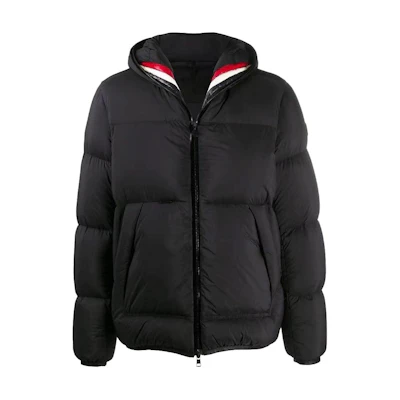 Moncler Short Hooded Down Jacket with Tricolor Trim - Black F20911B5510053333999
