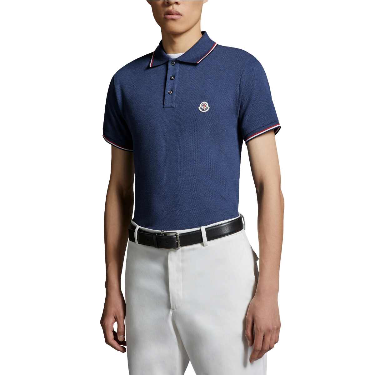 Shop Moncler 修身版型午夜藍三色針織領POLO衫 J10918A7030084556795