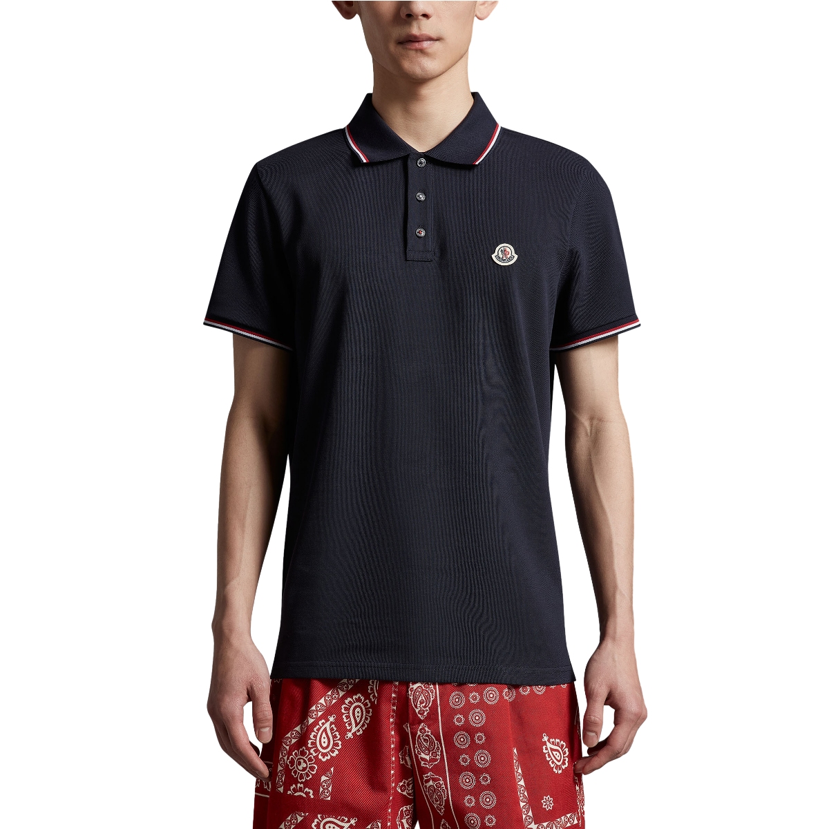 Lookbook Moncler Polo Slim Fit Azul Marino con Cuello Tricolor SS24. J10918A703008455677X