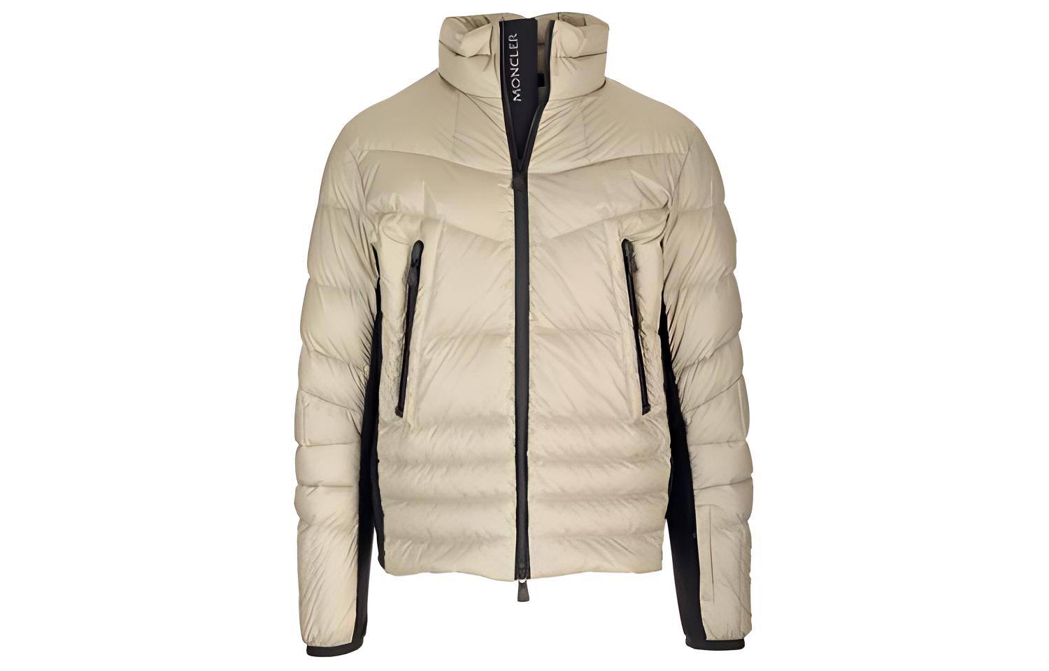 Moncler  Solid Stand Collar Zip Slim Fit Jacket in Light Beige. I20971A0005453071219