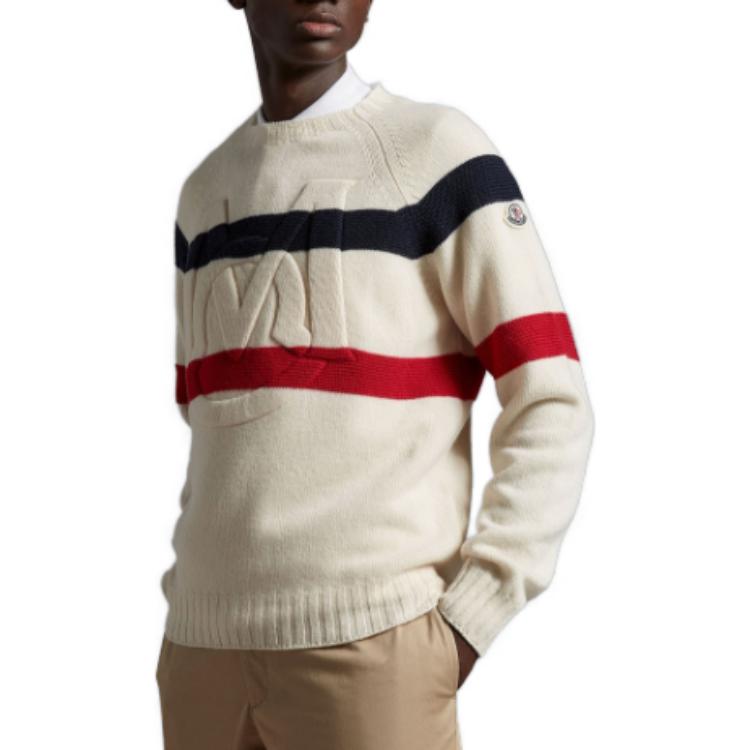 Shop モンクレール ストライプ ロゴプリント セーター ホワイト I10919C00001M1127P07