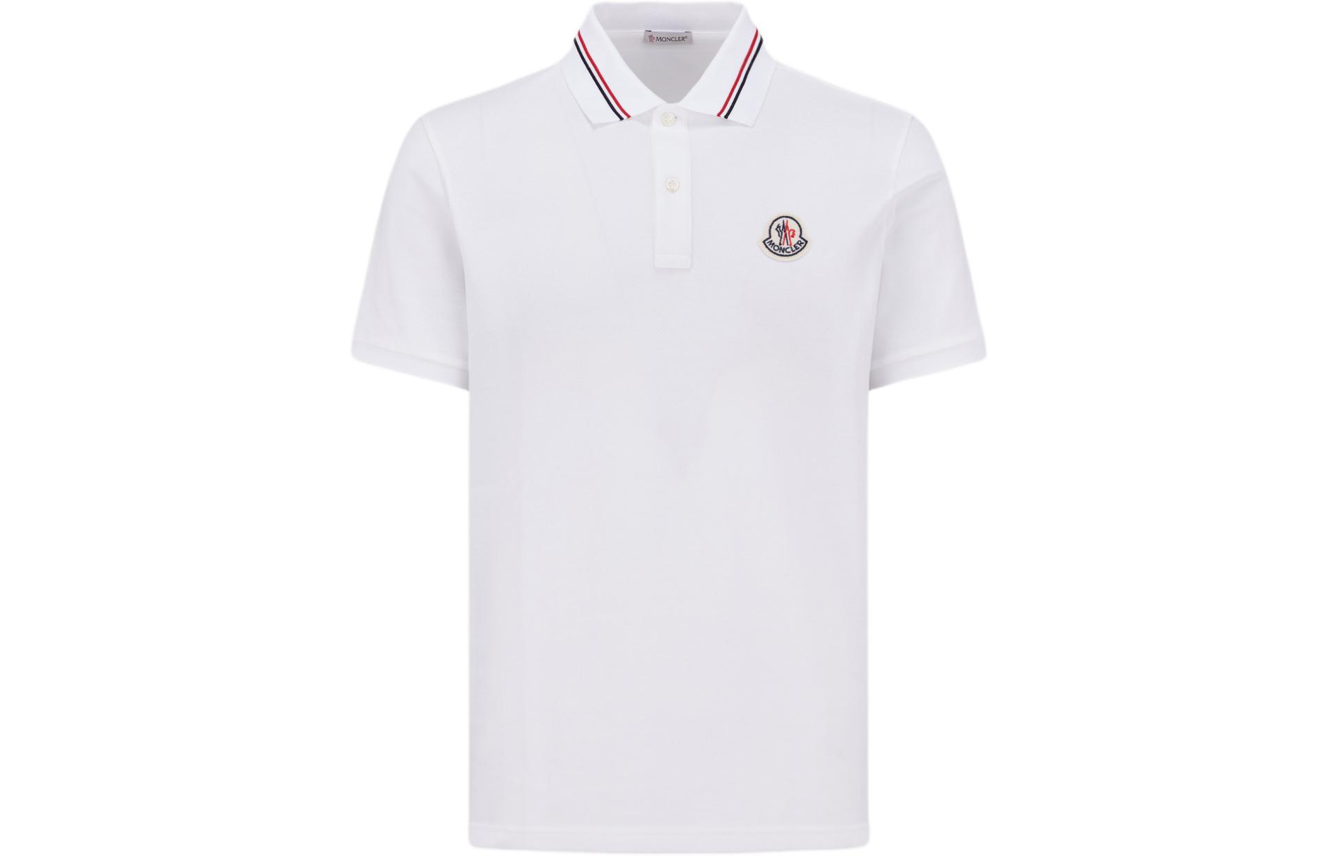 Moncler  Tricolor Trim Logo Patch Short-Sleeve Polo Shirt - Optical White J10918A0002189A16002
