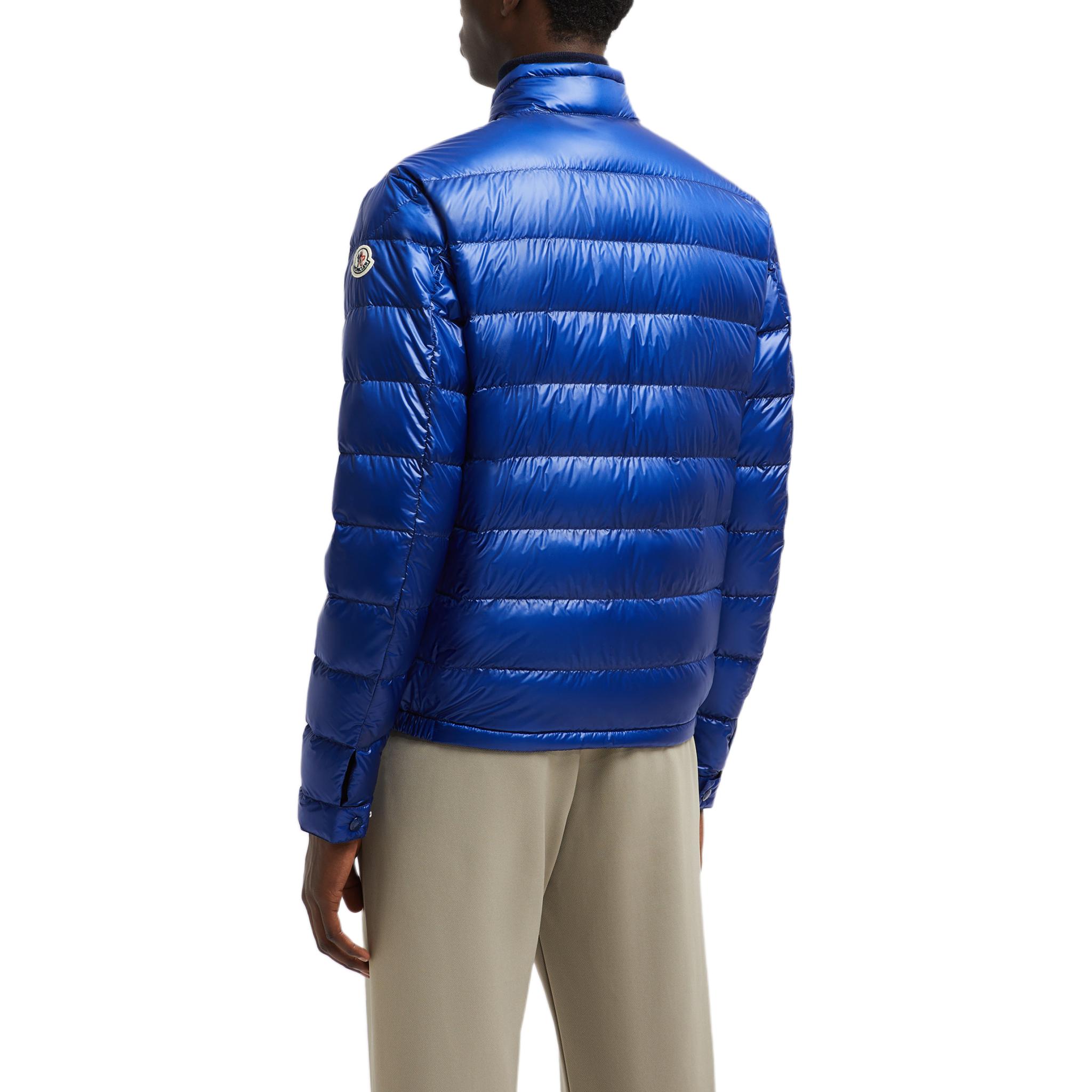 Shop Moncler Acorus FW24 Short Down Jacket Electric Blue Unisex with Adjustable Cuffs. J20911A1060053029751