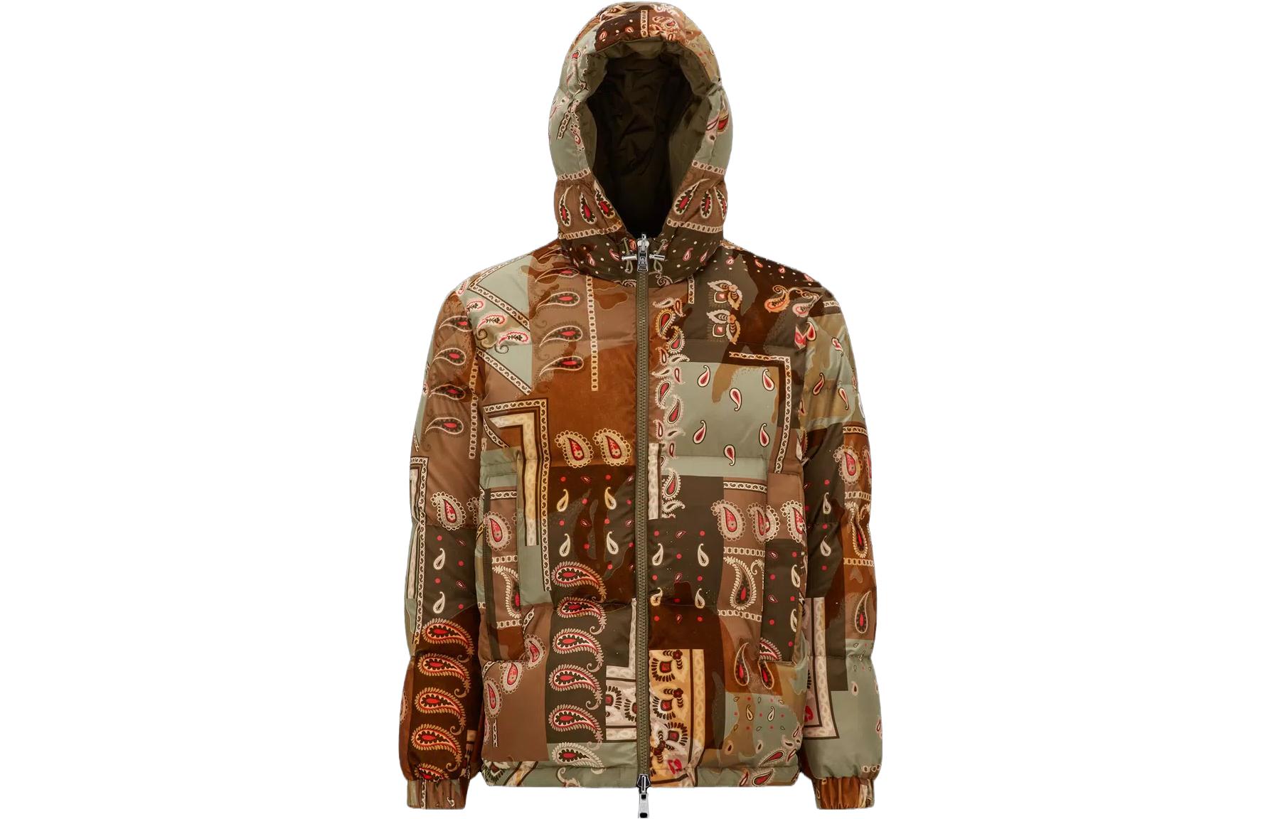 Moncler All-Over Print Hooded Slim Fit Down Jacket Unisex Khaki I20911A001255979LS28