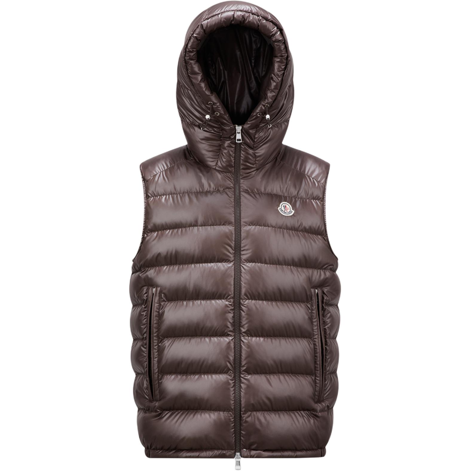 Moncler Barante FW24 Unisex Waterproof Down Vest Brown Hooded Puffer Jacket. J20911A00062597EX243