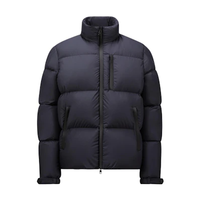 Moncler Besbre Unisex Navy Blue Short Puffer Jacket with Logo and Stand Collar. J20911A00200549SK779