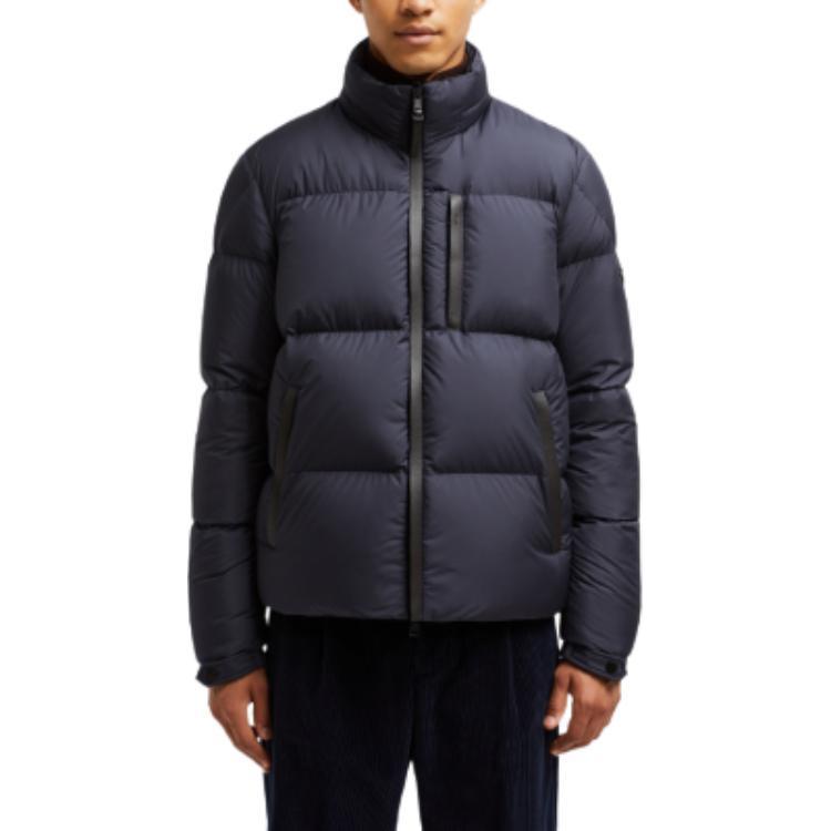 Shop Moncler Besbre Unisex Navy Blue Short Puffer Jacket with Logo and Stand Collar. J20911A00200549SK779