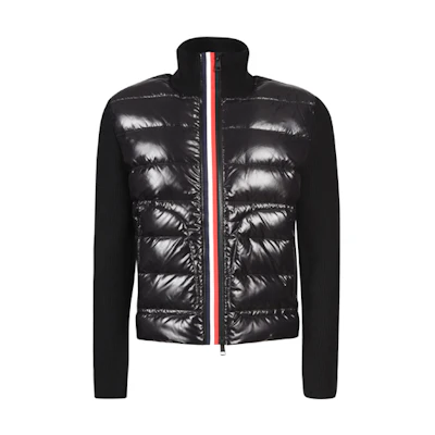 Moncler Black Knit Puffer Jacket with Stripe Zip and Logo Patch 9B51900A9418999