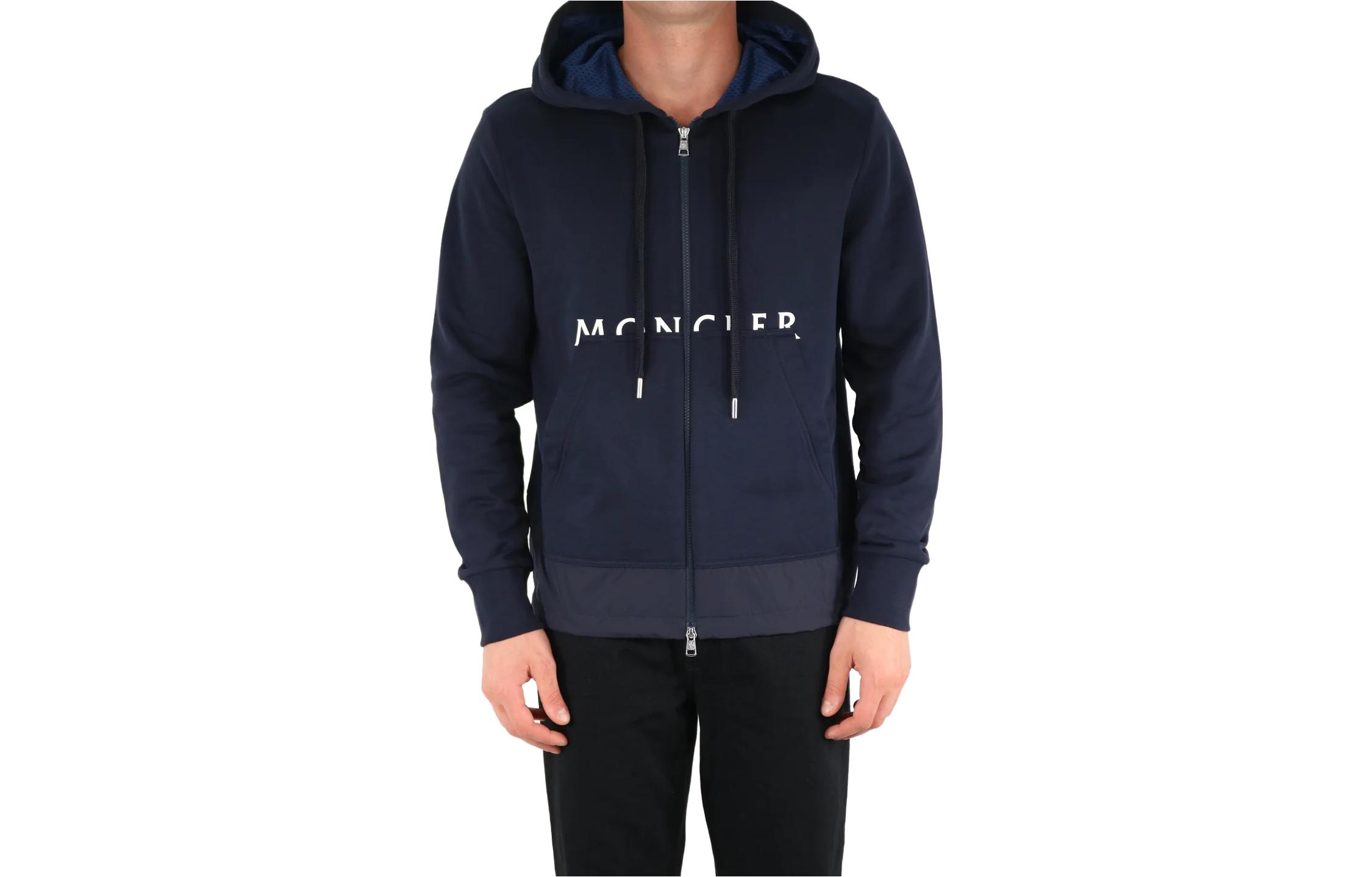 Moncler Blue Hoodie with Zipper, Drawstrings, and Large Pockets 8G00003899FLBAW