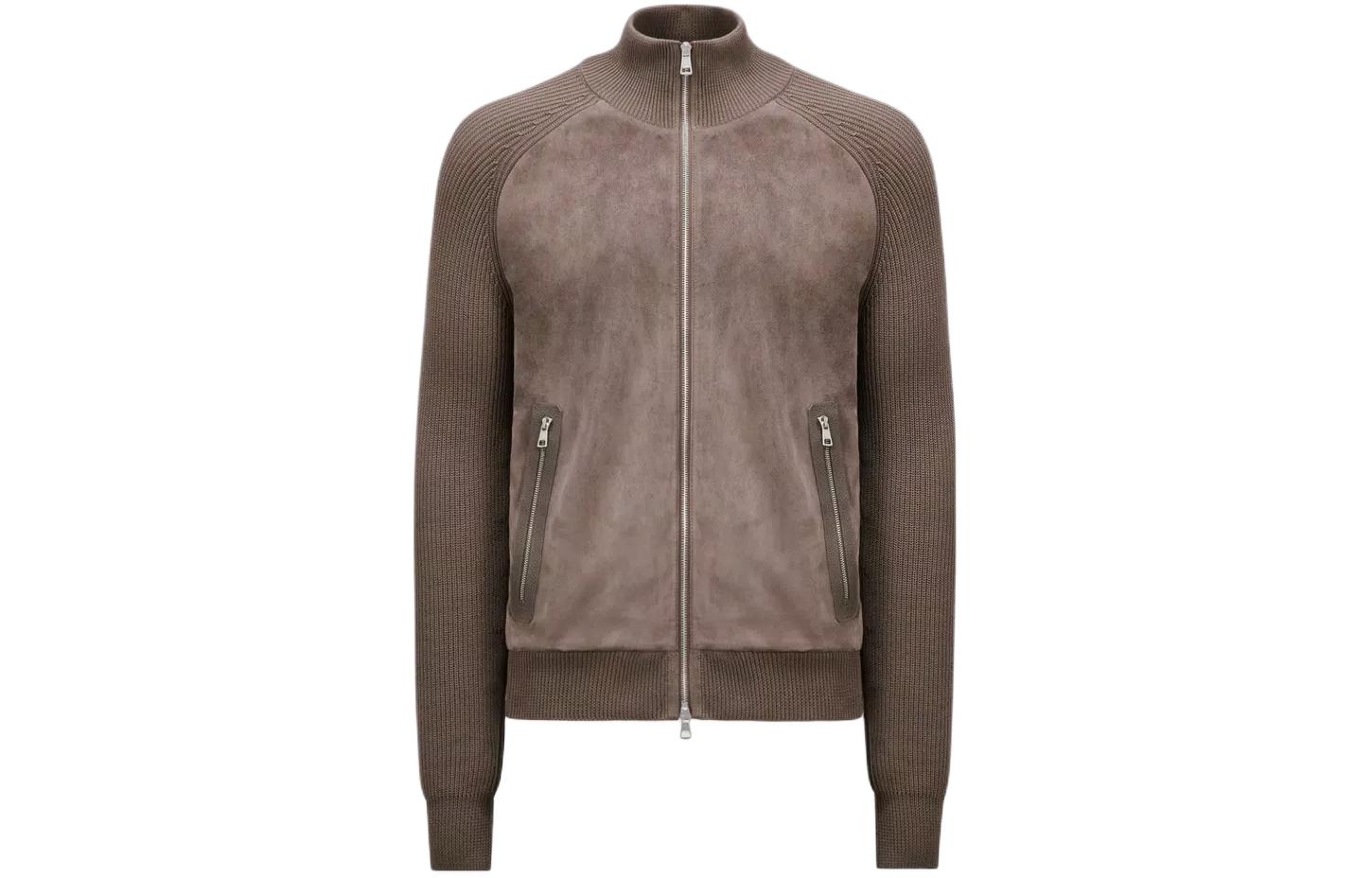 Moncler Cotton and Suede Cardigan Jacket Brown Full-Zip Sweater J10919B00012M136725W