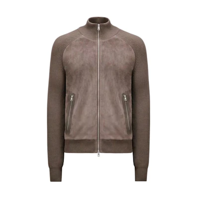 Moncler Cotton and Suede Cardigan Jacket Brown Full-Zip Sweater J10919B00012M136725W