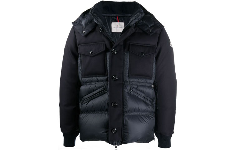 Moncler Down Jacket with Sleeve Logo Patch - Blue Black F20911B5370053048742