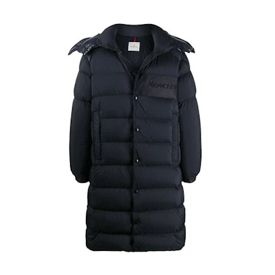 Moncler FW20 Navy Long Down Jacket with Hood and Solid Letter Design. F20911D50000C0573776