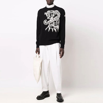 モンクレール FW21 ブラック タイガー インターシャ ロゴ ウール セーター. G20919C00023M1258 Lookbook モンクレール FW21 ブラック タイガー インターシャ ロゴ ウール セーター. G20919C00023M1258