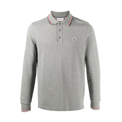 Moncler FW21 Grey Cotton Long-Sleeve Polo Shirt with Logo Patch for Men F20918B7010084556987