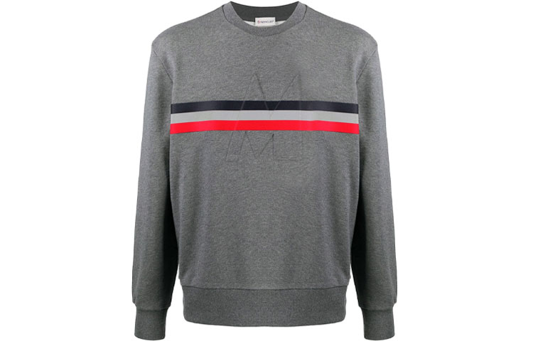 Moncler FW21 Grey Crewneck Sweatshirt with Tricolor Stripes F20918G7472080985940