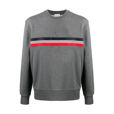 Moncler FW21 Grey Crewneck Sweatshirt with Tricolor Stripes F20918G7472080985940
