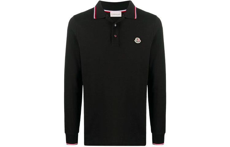 Moncler FW21 Logo Appliqué Plain Long Sleeve Polo Shirt Black Men F20918B7010084556999